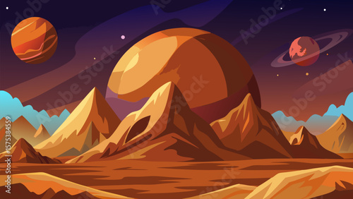 Alien Planet Landscape. A Cosmic Vista of Rocky Mountains and Distant Planets