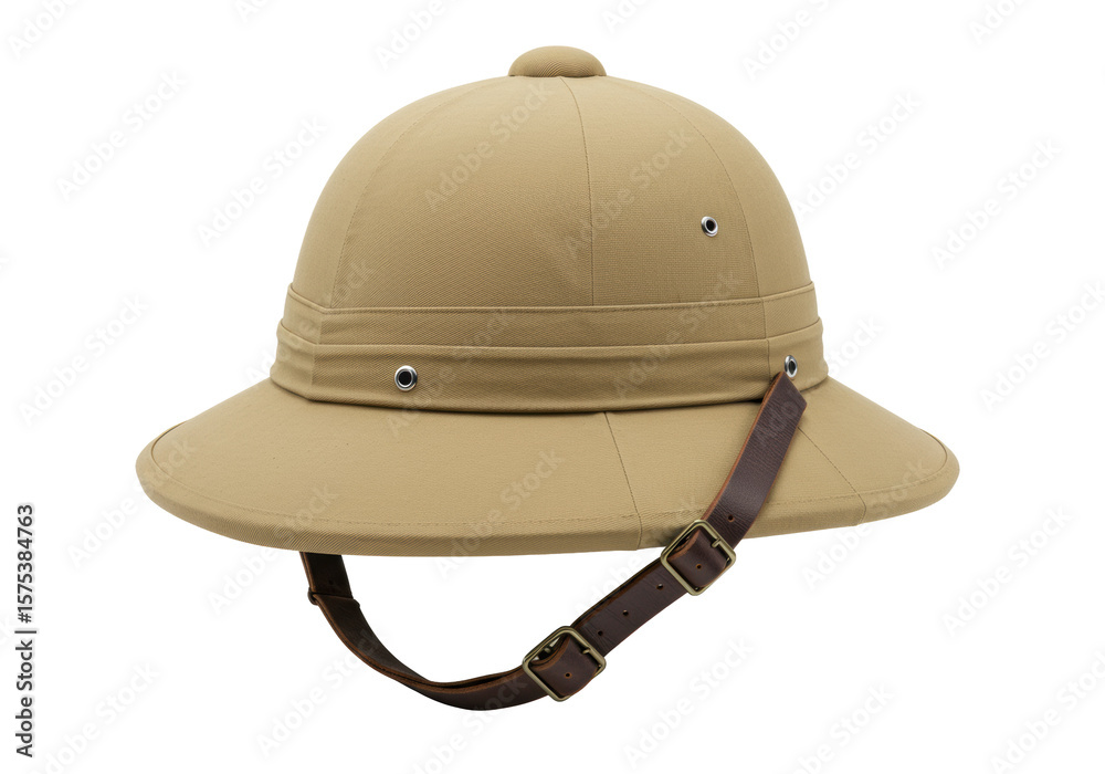 Fototapeta premium Light tan khaki pith helmet with dark brown leather chin strap, metal buckles, and silver grommets, against a transparent isolated background with studio lighting, ultra photorealistic product