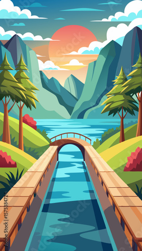 Tranquil Sunset Landscape. Serene Mountain Lake with Bridge