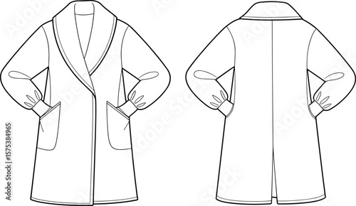 Long sleeve shawl collar coat, front pocket detail, fashion cad flat sketch, outerwear design, technical vector illustration, clothing template