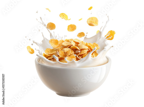 Delicious corn flakes cereal splashing in milk bowl, On Transparent Background, Png