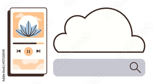 Mobile music player with modern interface next to large cloud above minimalist search bar. Ideal for technology, cloud storage, music apps, media, data streaming, minimalism, simple flat metaphor