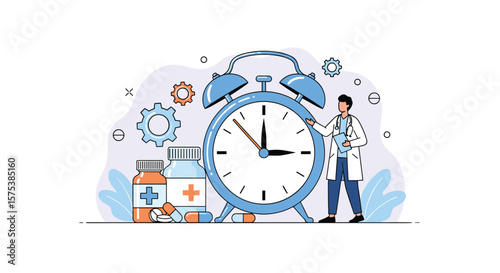 Doctor checking time with medical pills and bottles in front of large alarm clock illustration