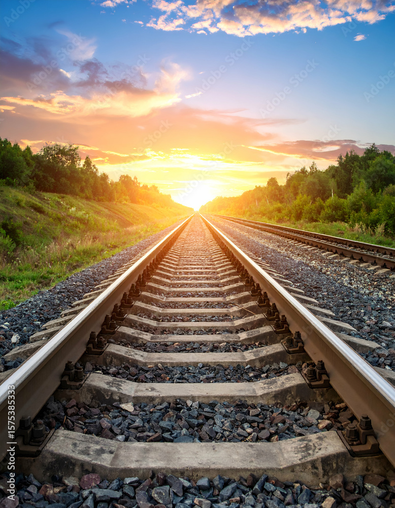 Fototapeta premium Sunset Railway Tracks Landscape.
