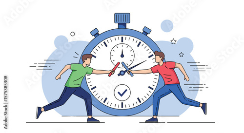 Competitive sports duel against a large stopwatch symbolizing time pressure and strategy