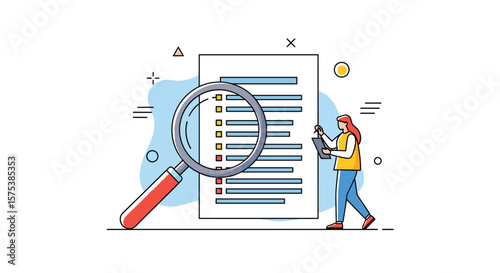 Detailed document analysis using magnifying glass and data verification with a person