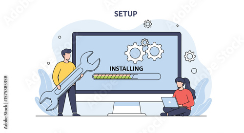 Computer installation process with technical support and progress bar