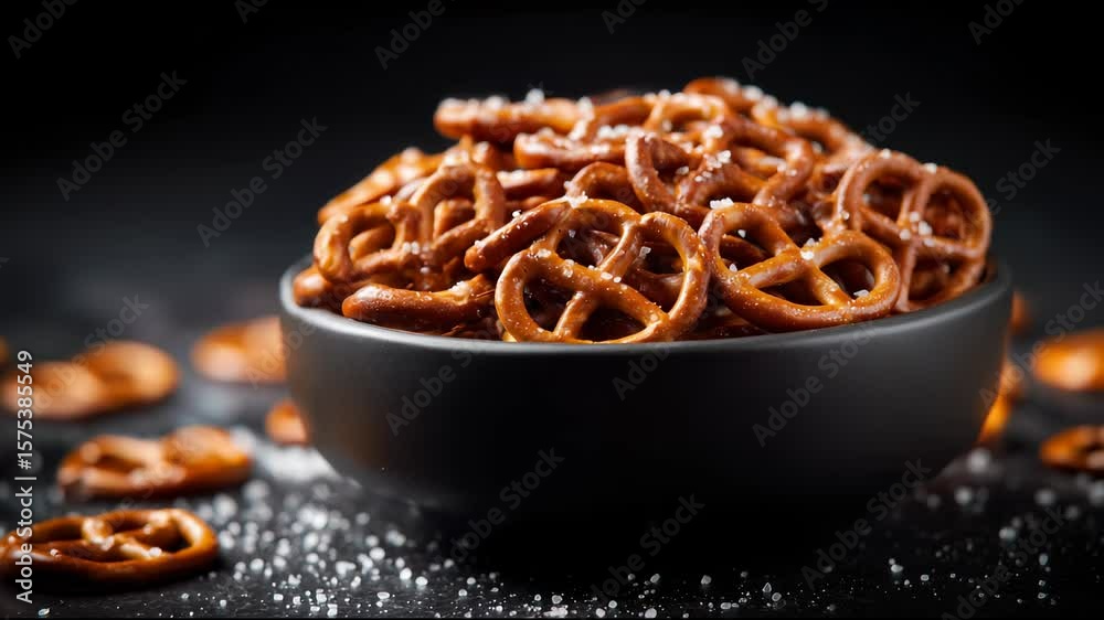 A bowl of twisted pretzels with salt on top, on dark background.