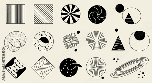 Collection of minimalist geometric shapes and patterns for graphic design elements or modern backgrounds.