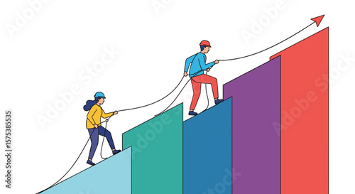 Two climbers ascend a colorful bar chart representing growth and upward momentum