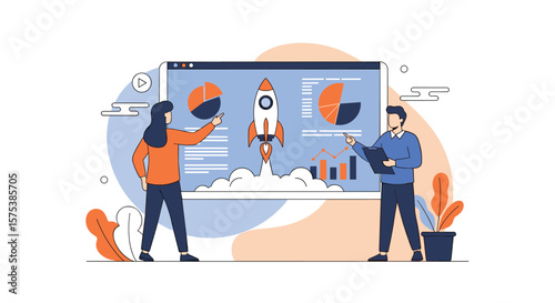 Business growth strategy analysis with rocket launch and data visualization techniques
