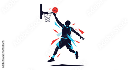 Dynamic basketball player executes powerful slam dunk with explosive energy and focus