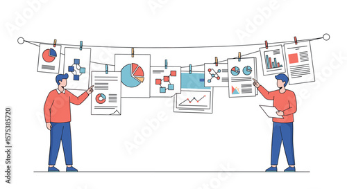Two people collaborating on data analysis and strategy planning with charts and diagrams
