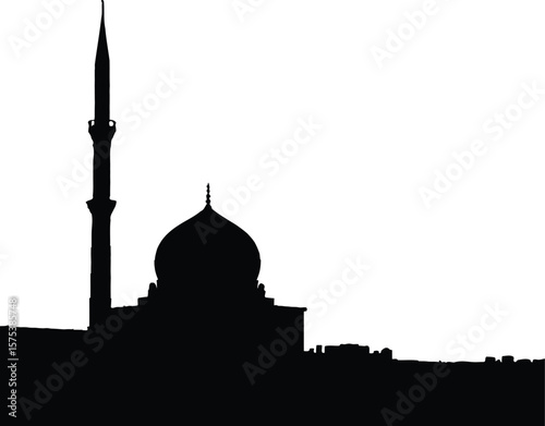 Mosque Silhouette Vector Featuring Black Icon of Islamic Architecture with Prominent Dome and Slender Minaret on White Background for Religious, Cultural, and Minimalist-Themed Design