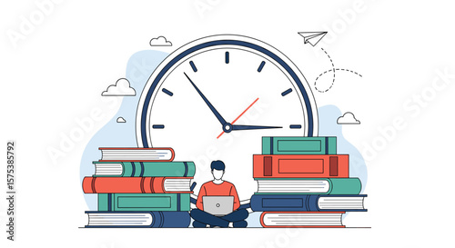 Student studying late night focused on laptop surrounded by books beneath a large clock