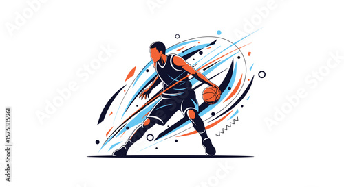 Dynamic basketball player dribbling with energetic abstract motion background illustration