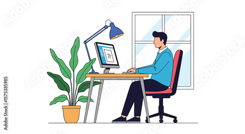 Man working diligently at his desk in a modern office environment with plants and natural light