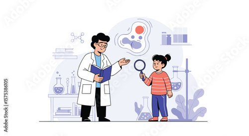 Young explorer engages in scientific discovery with expert mentor in modern laboratory setting