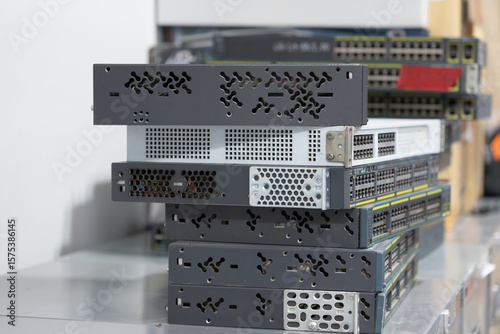 Old Stackable Network Switches in Warehouse