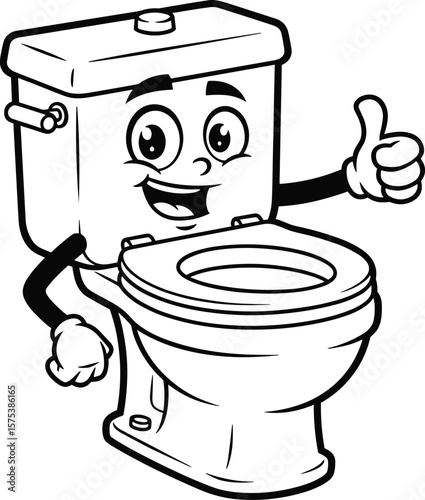 Funny cartoon toilet vector illustration, happy toilet character with thumbs up, black and white line art, plumbing bathroom mascot drawing
