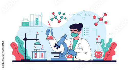 Scientist conducting advanced research in a modern laboratory with molecular structures