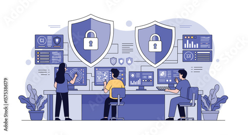 Cybersecurity professionals monitoring network security systems protecting digital assets