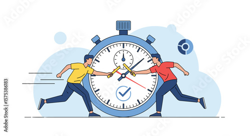 Two businessmen in a competitive race against time on a giant stopwatch illustration