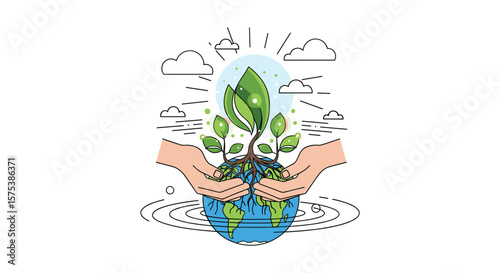 Nurturing planet earth with hands protecting growing plants for a sustainable future