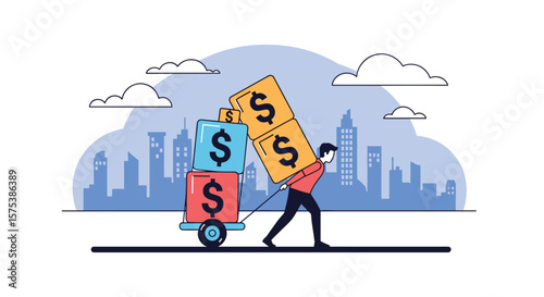 Man struggling to push a cart laden with heavy money blocks towards the city