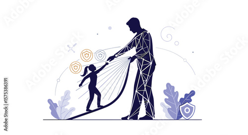 Digital father shielding child from online threats ensuring safe passage through cyber world