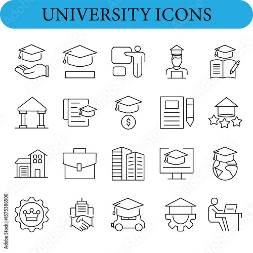 University icon set. Includes thin line diploma, learn, academic, cap, bachelor, graduation and more. Thin outline icons pack.