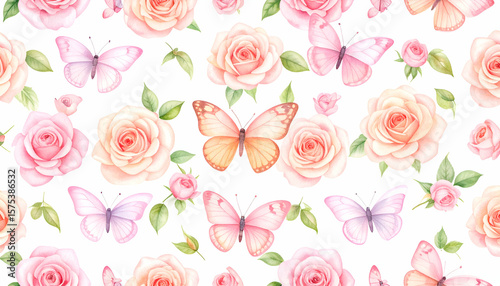 Watercolor Roses  Butterflies Pattern.