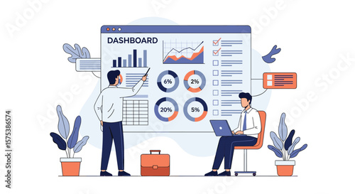 Data analysis experts reviewing business performance metrics on a digital dashboard showing charts and graphs for strategic decision making