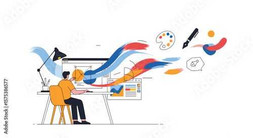 Creative artist designing digital art on computer screen with vibrant brush strokes and tools floating above