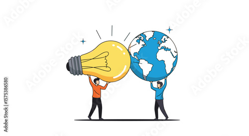 Two people hold up a lightbulb and the planet symbolizing global ideas and innovation