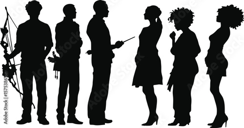 Silhouetted Professions & Personality Pose Set Featuring Archer, Mechanic, Educator, Confident Leader, Thinker, and Casual Character in Black Line Art