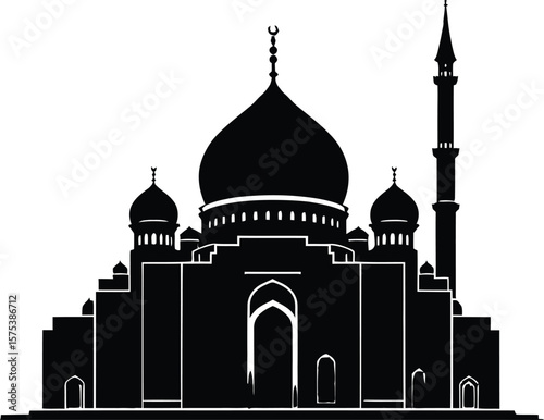 Mosque Silhouette Illustration Featuring Central Dome Flanked by Side Domes and Single Minaret in Minimalist Black Line Art
