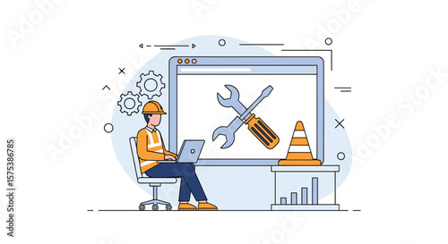 Construction worker managing project operations with digital tools on a laptop