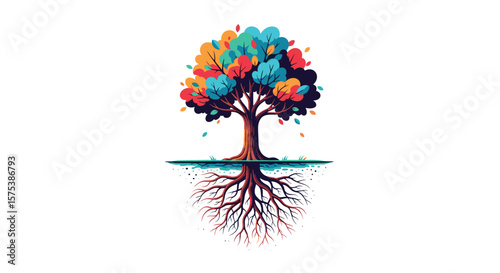 Vibrant abstract tree with detailed roots symbolizing growth and connection