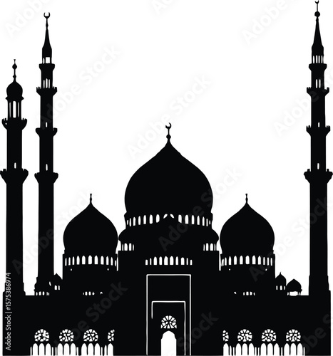 Mosque Architecture Silhouette Illustration Featuring Four Minarets and Layered Dome Structure in Black Line Art
