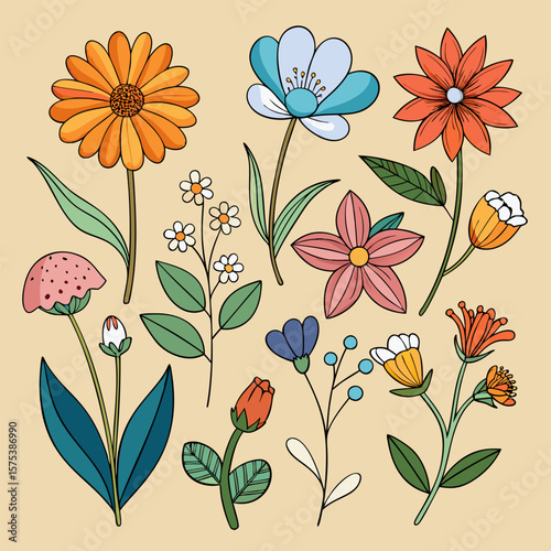Vibrant Floral Collection. A Delightful Bouquet of Retro Flowers