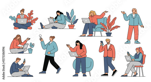 Diverse group of people using laptops smartphones and tablets in modern office setting