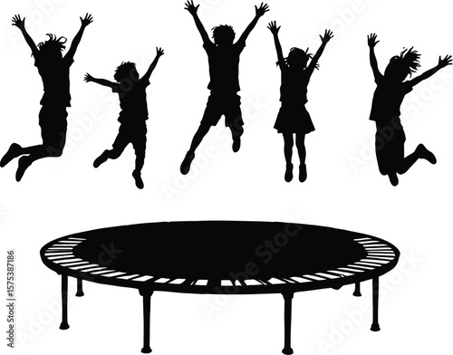 Jumping Joy Silhouette Illustration Featuring Five Children Mid-Air Above Trampoline in Energetic Black Line Art