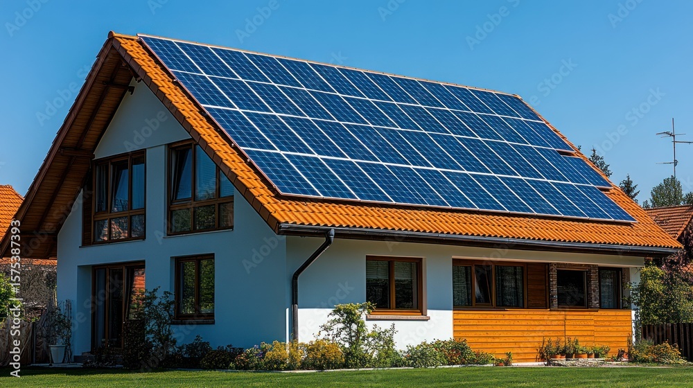Fototapeta premium Home with solar panels on a tiled roof
