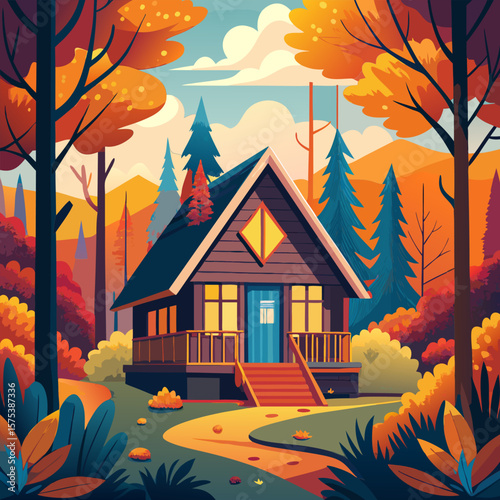 Cozy Autumn Cabin in the Woods. A Peaceful Fall Landscape