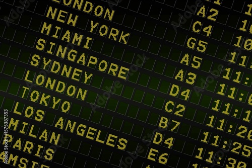 Black airport departures board with yellow text