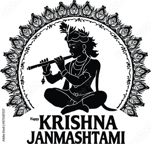Krishna Janmashtami Celebration Illustration Featuring Seated Lord Krishna with Flute and Decorative Peacock Feather Mandala