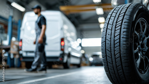 Mechanic Changing Tire in Auto Garage with White Van in Background