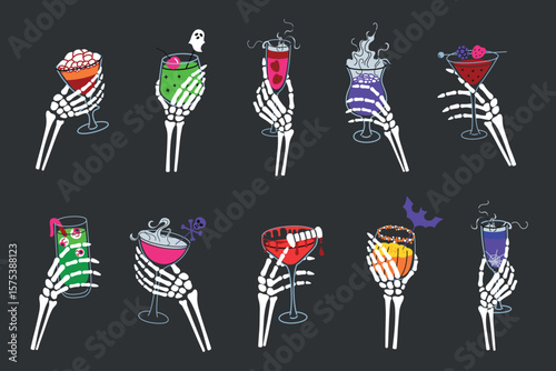 Flat cartoon vector set of skeleton hands holding Halloween drinks. Spooky party cocktails with creepy decorations. Festive beverages, holiday celebration design, bar menu, seasonal visuals
