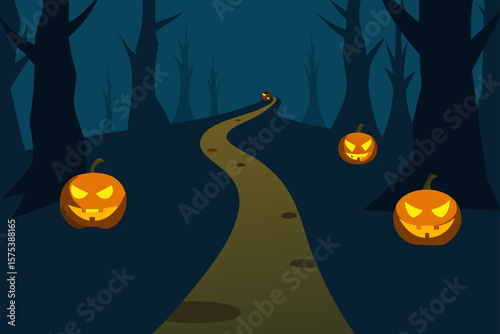 A Trail of Glowing Jack O Lanterns Leading Into a Forest